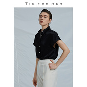 TieForHer OL系列黑色缎面衬衫女短袖三醋酸面料垂感透气上衣