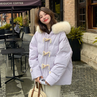 紫色牛角扣羽绒棉服女冬季2023韩版宽松大毛领，加厚面包服外套