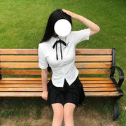姬物语jk原创刺绣白色衬衫，女夏季后绑带，上衣短袖收腰衬衣制服套装