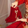 冬季结婚鞋女粗跟大码红色短靴加绒新娘鞋秀