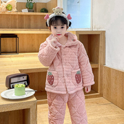 韩版儿童睡衣法兰绒女童三层夹棉宝宝，珊瑚绒家居服套装加厚小女孩