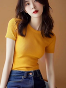 亮黄色条纹短袖针织t恤女2024夏季修身显瘦上衣独特别致小衫