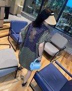 欧货时尚花色衬衣女，2023夏季宽松遮肉短袖中长款带领带衬衫潮
