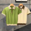 时尚异色拼接色螺纹针织polo衫男 法式浪漫个性荧光绿男士t恤短袖