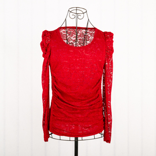 秋季帛逸田园纯色修身甜美低圆领长袖蕾丝常规大红色体恤衫打底衫