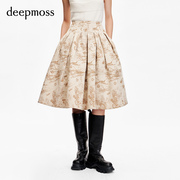 onoffdeepmoss设计师款，2022年秋冬栗棕色提花，高腰伞裙半身裙