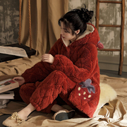 睡衣女秋冬季三层夹棉袄加绒加厚保暖珊瑚绒两件套装可爱风家居服
