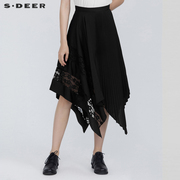 sdeer圣迪奥女夏季半身裙气质高级感蕾丝不规则黑色长裙S21281114