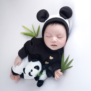 婴儿摄影服装熊猫帽子连体衣玩偶影楼新生儿满月照道具宝宝照衣服