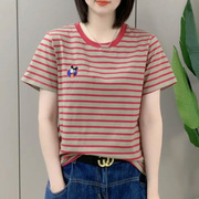 红色条纹短袖t恤女士2023春夏韩版时尚，宽松大码休闲体恤上衣