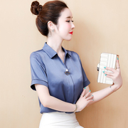 雪纺缎面白衬衫女短袖2024夏季韩版气质宽松上衣职业衬衣工装