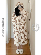 韩版小熊猫珊瑚绒睡衣睡裙女冬季加绒加厚大码保暖家居服睡袍