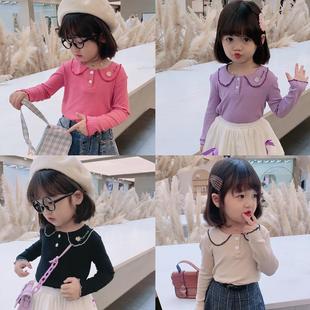 女童长袖t恤打底春秋装，韩版上衣女宝宝，纯色娃娃领洋气童装潮