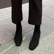 香港春秋冬季粗跟马丁短靴，女真皮方头，高跟裸靴绒面弹力瘦瘦靴