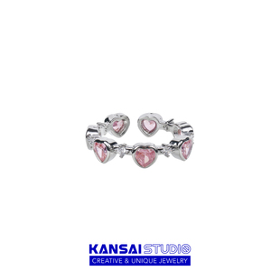 KANSAI环绕粉色爱心水钻戒指开口设计小众高级感女生甜酷指环