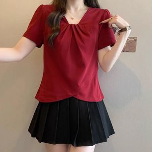 大码时尚设计v领短袖t恤女夏季新款胖mm百搭显瘦不规则上衣240斤