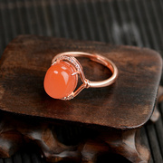 冰种南红玛瑙戒指细圈纯银，红色蛋面玉石，古风指环开口女本命年礼物