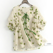 绿色立体刺绣小花减龄蝴蝶结，系带荷叶领短袖娃娃衫女衬衫上衣a754