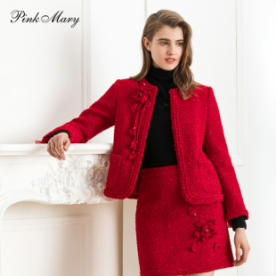 粉红玛琍短外套，女2023秋冬宴，会风大红色上衣pmamw6328