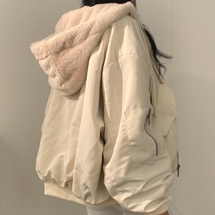 韩国chic休闲气质宽松加绒加厚两面，穿羊羔毛棉服(毛，棉服)女外套秋冬季棉衣