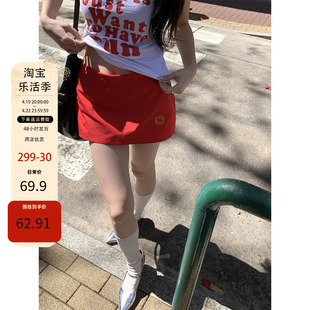 label方红色半身裙女2024年夏季韩版刺绣，高腰小众a字短裙ins