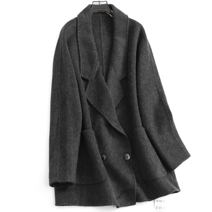 v891纯色宽松双排扣口袋西装领双面绒冬季长袖，毛呢外套女大衣