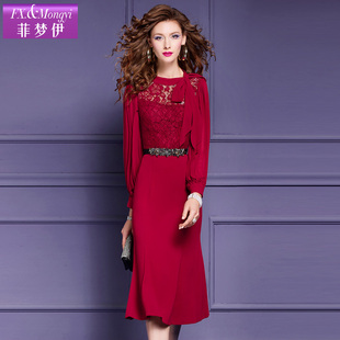 菲梦伊蕾丝红色连衣裙女长袖，春装蝴蝶结系带时尚，设计感收腰中长裙
