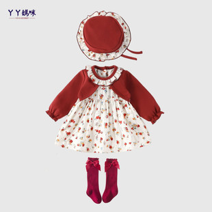 周岁女宝宝公主裙春秋装纯棉连衣裙，婴儿百日宴，红色礼服洋气拜年服