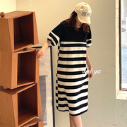 薇语大码女装减龄黑白，条纹连衣裙女2024夏韩版宽松高级感裙子
