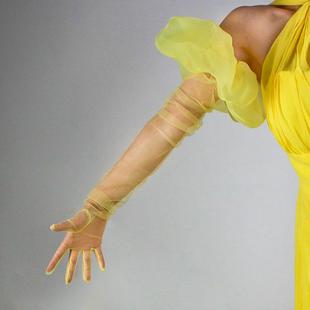 网纱手套超长90cm立体大花边泡泡袖口蕾丝透明宽松超肥纯黄色礼服