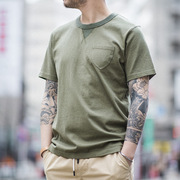 马登工装日系复古军绿色，t恤基础圆领口袋，短袖阿美咔叽纯色体恤男