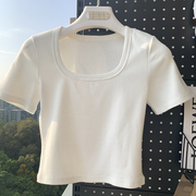 白色方领t恤女短袖，2023春夏修身显瘦韩版短款，纯棉半袖上衣潮