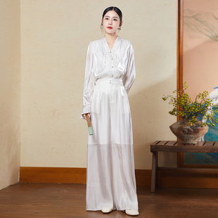 新中式上衣春装女款2024年国风复古禅意唐装套装夏季白色衬衫