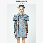 lulualways商场同款新中式国风印花木，耳边泡泡袖蓝色连衣裙
