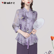 中式复古雪纺衫女改良上衣中国风，立领盘扣碎花，衬衫2024夏季轻国风