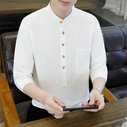 七分袖衬衫男夏季韩版潮流，青年男装亚麻短袖，衬衣中袖棉麻男士寸衫
