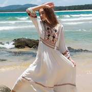 夏季民族风白色绣花连衣裙拍照大摆裙女裙，海边度假沙滩裙963a字裙