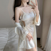 冰丝睡衣女夏季纯欲白色，性感蕾丝吊带睡裙，收腰带胸垫2023薄款
