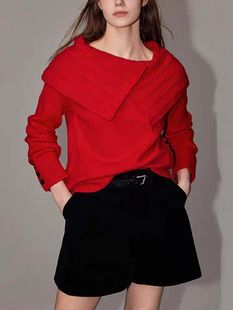 新年系列elle大翻领本命年红色，毛衣女(毛衣女，)2024春设计感针织衫