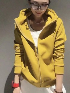 黄色连帽卫衣外套女春季韩版拉链，休闲防风保暖气质短款棒球服上衣