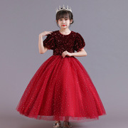 圣诞节女童网纱蓬蓬长裙，公主裙主持演出礼服晚宴红色短袖连衣裙