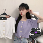 紫色短袖衬衫女夏2021年设计感小众轻熟雪纺甜美方领短款上衣