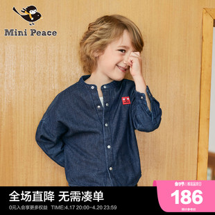 minipeace太平鸟童装男童长袖圆领牛仔衬衫外套卡通装饰春秋