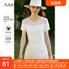 Amii2024夏款显瘦圆领短袖T恤女透视拼接网纱高级感法式上衣