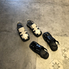 凉鞋女2023年夏季韩版时尚，真皮镂空包头后空，搭扣中跟罗马鞋