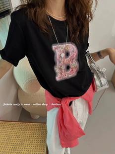欧洲站2024春夏甜美韩系风粉色花朵字母小众设计感棉质短袖T恤潮