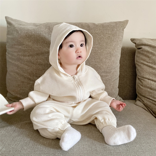 儿童休闲套装春秋装版婴儿，华夫格纹连帽，拉链开衫卫衣+裤子2件套