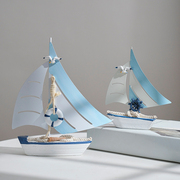 地中海帆船模型摆件木质做旧工艺船蓝白贝壳船家居装饰品