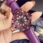蒂米妮士手表女会皮带镶钻紫色时尚圆形石英真皮普通国产腕表