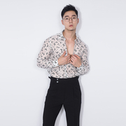 川泽男士薄款尖领长袖衬衫，韩版修身时尚个性半透明青年休闲衬衣